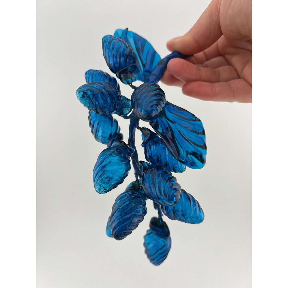 Vintage Blue Art Glass Grape Fruit Cluster With Leaves Wire Stem Unmarked